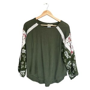 Blue Rain Olive Floral Sleeve Top